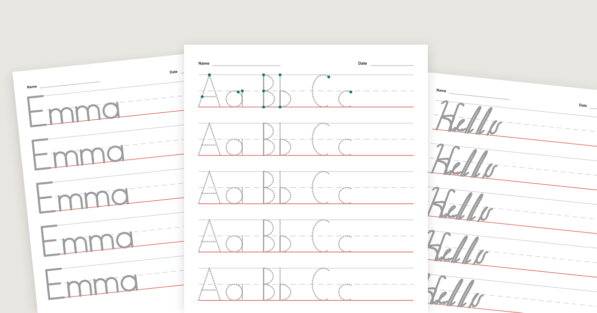 Three printable handwriting practice sheets side by side: the name Emma in grey outline letters, an Aa Bb Cc sheet with dotted tracing letters and green dots marking where each stroke starts, and a joined cursive Hello sheet, all on three-line ruled paper with a red baseline.